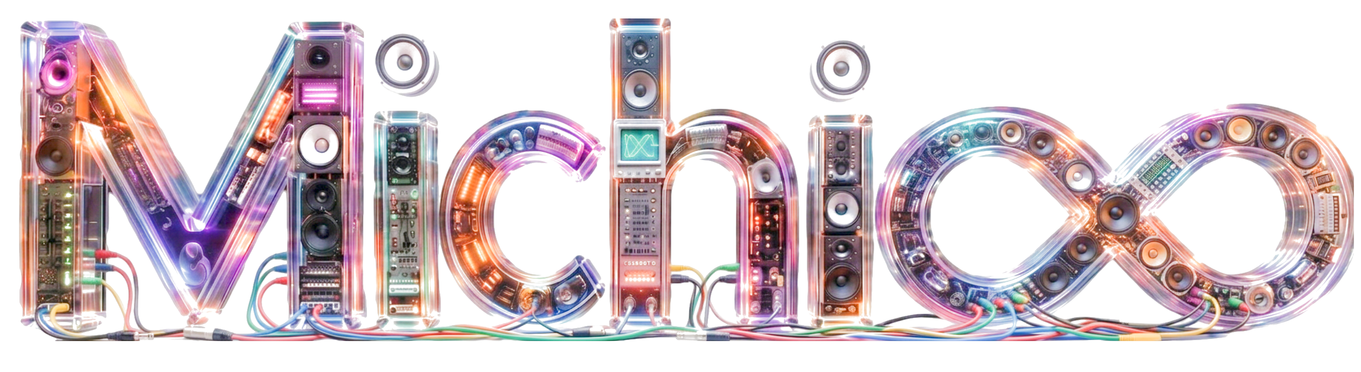 Michi∞ logo built from stacked speakers and audio gear